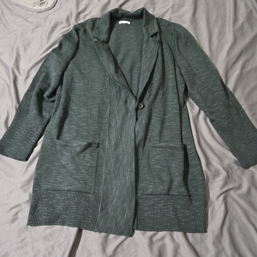 J Jill Sweater Size XL Petite Forest Green Cardigan Knit Cotton Blend Pockets